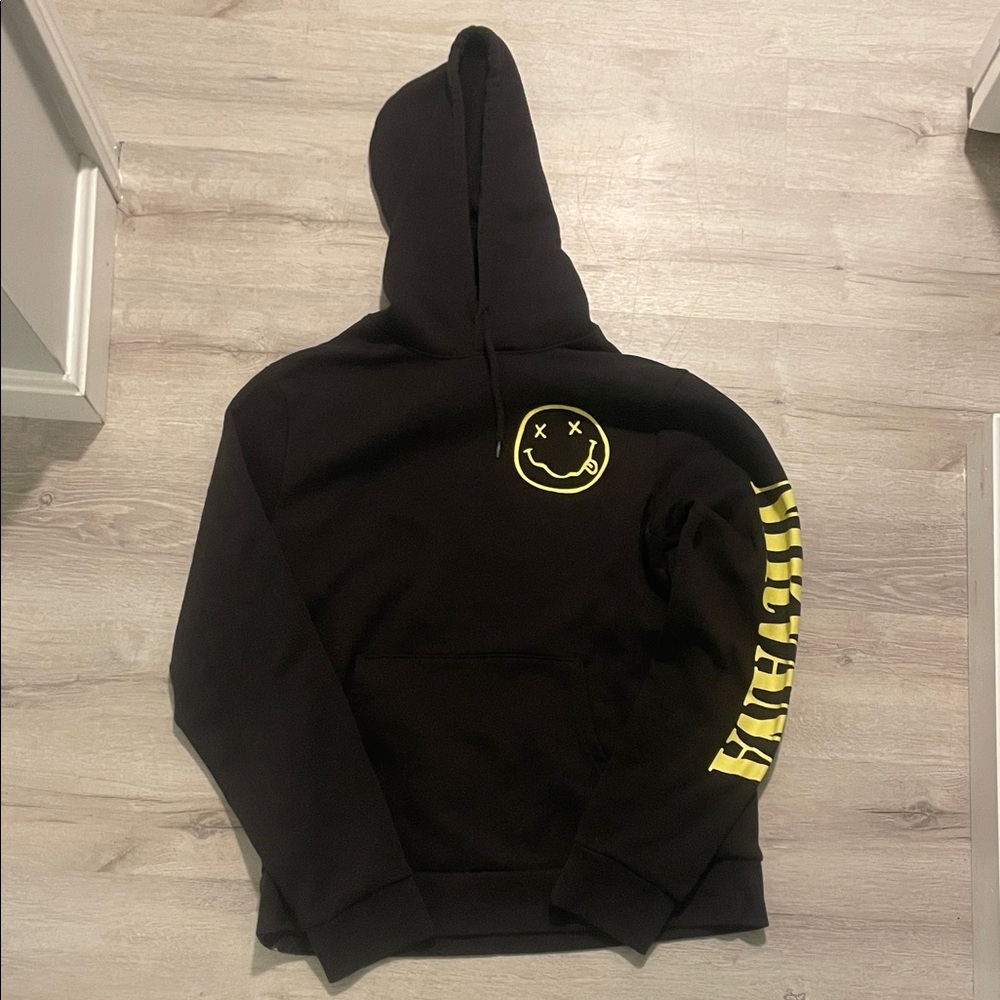 Old Navy Black Hoodie with Yellow Smiley Graphic